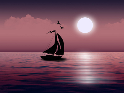 SAILING TO THE MOON adobe photoshop boat design graphic design graphic designer landscape moonlitnight sailing sea ui vectography