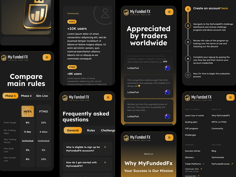 UI Mobile Subpages 3d black business cta dark design faq footer gold gradient illustration interaction interface mobile subpages testimonials ui usa ux website