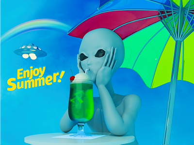 Alien's First Summer Vacation on Earth 3d 3d model illustration