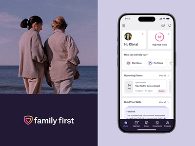 Caregiving Mobile App: Home Dashboard & Risk Index app assessment card care management caregiver support caregiving dashboard design health home interface mobile mobile app profile quiz risk index test ui uiux ux