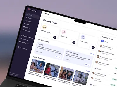 Caregiving App: Web Dashboard Design app calendar card care management caregiver support caregiving dashboard design elder care family care health home interface menu patient care ui uiux ux web website