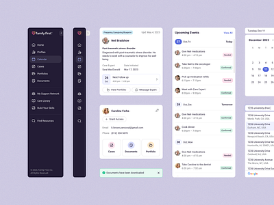 Caregiving App UI Elements app calendar card caregiver support caregiving case components date design events health interface menu profile search sidebar ui uiux ux web