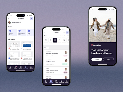 Caregiving Mobile App: Documents, Calendar, Login app calendar care management caregiver support caregiving design documents elder care events family care file management health interface login medical mobile mobile app ui uiux ux