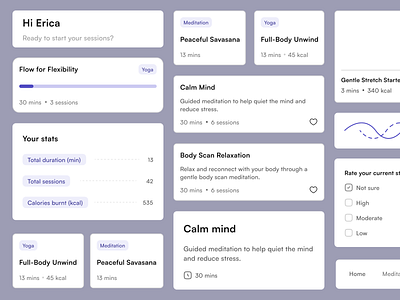 Yoga & meditation app ui components card cards clean design design design system figma figma community meditation app ui ui cards ui components ui kit ux yoga app zenflow