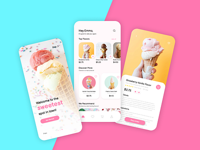 Ice-cream selling app screens UI UX design (E-commerce App) app branding cute design e commerce ecommerce home screen ice cream light log in minimal mobile modern products screen selling sign up ui uiux ux