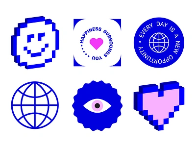 Set of Trendy stickers, Voxel art, Icons branding brutalist communication creative cyber emoji graphic design happiness heart icons illustration logo mental health navy blue pixel shapes stickers travel vector voxel art