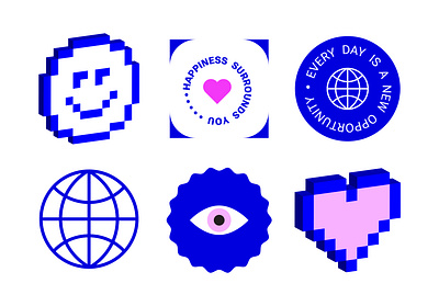 Set of Trendy stickers, Voxel art, Icons branding brutalist communication creative cyber emoji graphic design happiness heart icons illustration logo mental health navy blue pixel shapes stickers travel vector voxel art