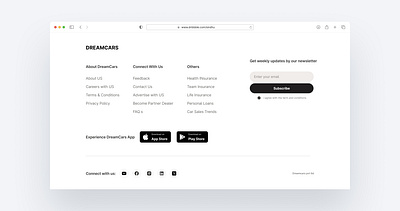 Footer - An online car dealership 'Dream Cars' Website aestheticdesign cars carshopping cleandesign cleanlayout designer element footer minimalisticdesign onlinecardealership ui uidesigner uiux usercentricdesign userinterface ux uxdesigner webpage footer website