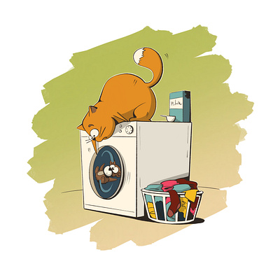 Cat with Washing Machine book design book illustration cartoon character cartoon drawing cartoon illustration children illustration design graphic design illustration website design