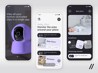 Monitoring Mobile IOS App Design Concept baby camera control gray monitoring monochrome pets product design purple remote control technologies