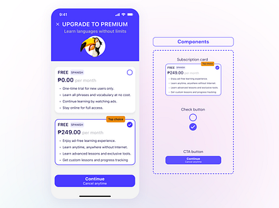 Language App Subscription Screen app appdesign digitaldesign languageapp mobile app mobileapp pricing subscriptionscreen ui ux uxui