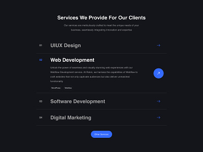 Services Section - Rokin.io agency creative dark mode dark ui design agency digital agency marketing website ui web design website