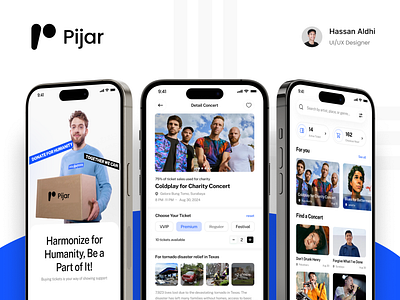 Pijar - Charity Concert Mobile App app application charity concert design donation humanity interface marketplace minimalist mobile modern music simple splash ticket ui ux