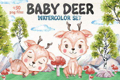 +50 Watercolor Deer Clipart Set download