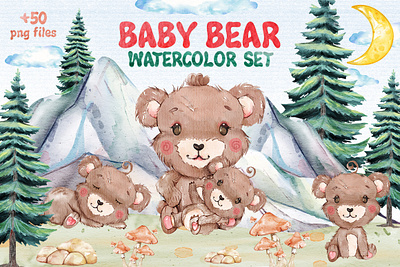 +50 Watercolor Bear Clipart Set download