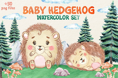 +50 Watercolor Hedgehog Clipart Set download