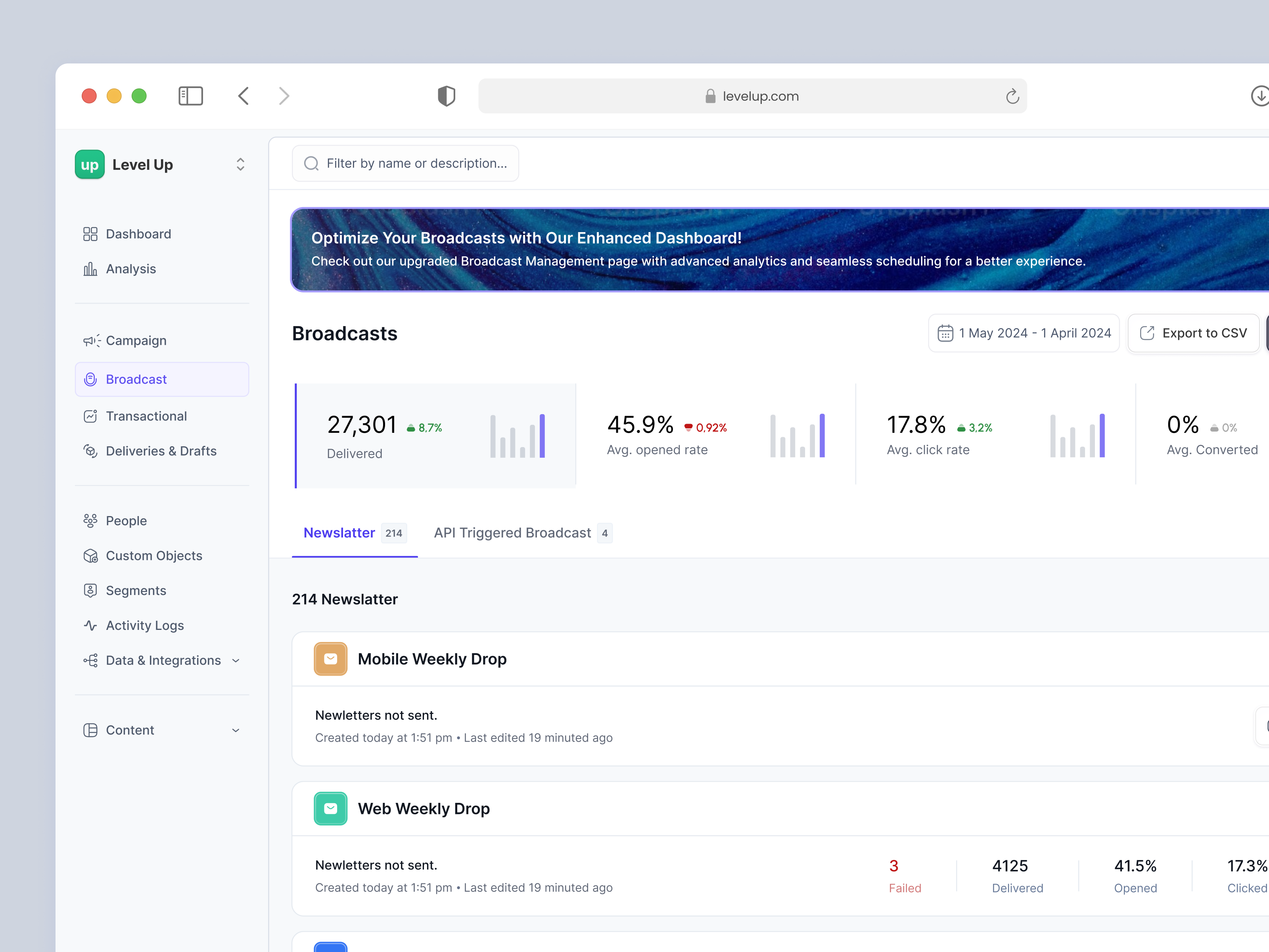 Broadcast Dashboard ads ads dashboard ads management analytics broadcast dashboard campaign dashboard clean dashboard dashboard email campaign email dashboard fundarising marketing marketing dashboard product design subscription ui design web web design