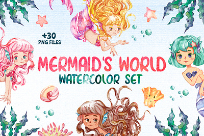 Watercolor Mermaids Clipart Set printable
