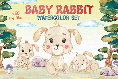 +50 Watercolor Rabbit Clipart Set printable