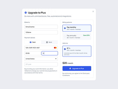 Upgrade to Plus 123done button checkbox clean design system figma input minimalism modal payment pricing radio button ui ui kit