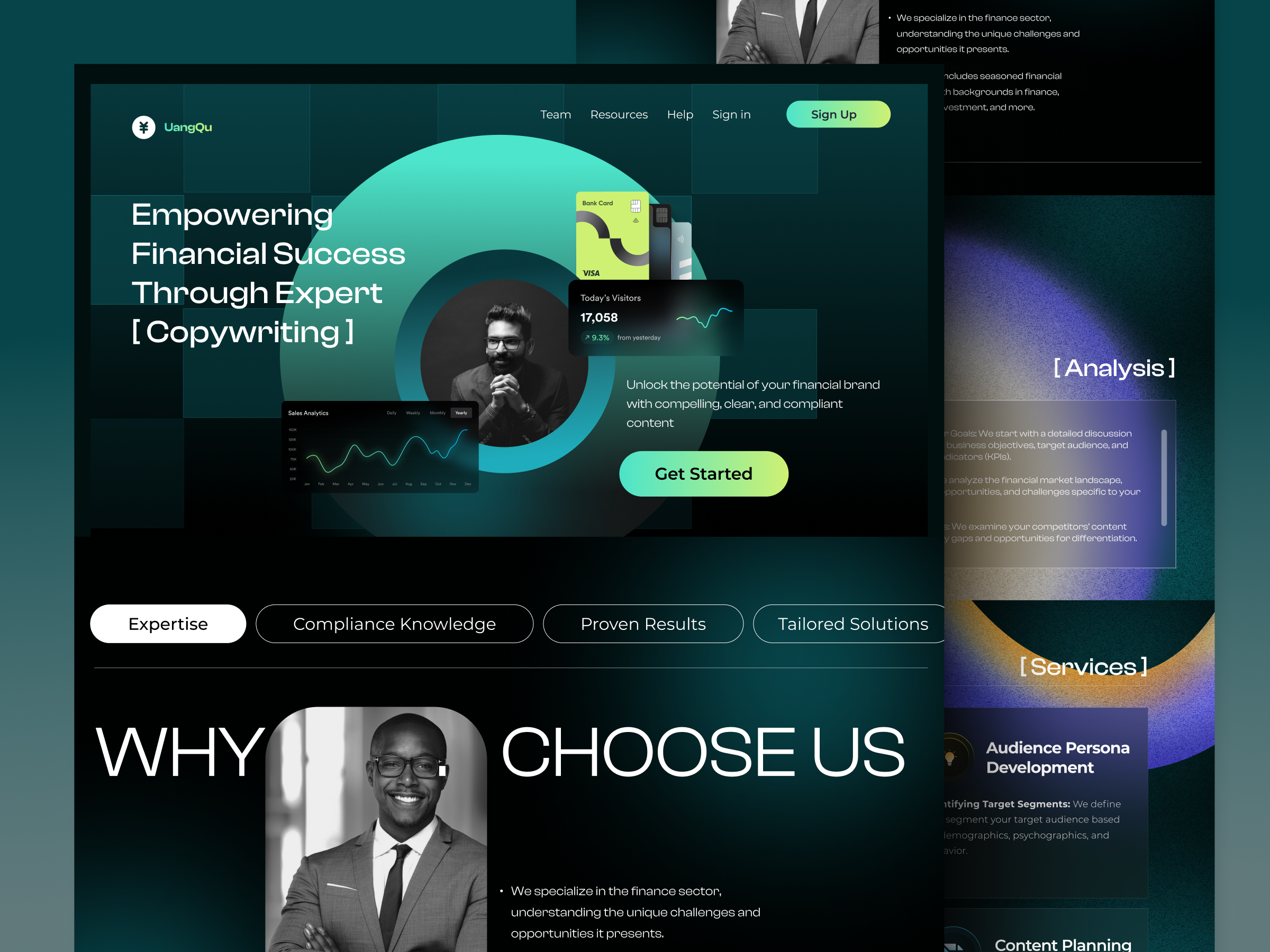 UangQu - Finance Landing Page banking clean ui consultation copywriting dark mode finance finance landing page fintech website investment landing page product service startup ui ui ux ui design uidesign web web design website