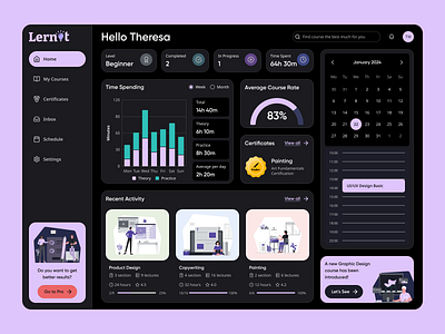 Learning Platform Home Page - Dark Theme analytics analytics platform dashboard data visualization design home page learning platform saas ui wed design