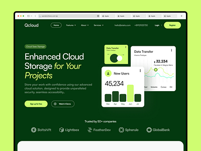Qcloud - Cloud Storage agency chart cloud elementor framer green landing page platform saas software storage ui webflow website wordpress
