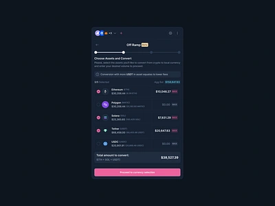 Chain Abstraction: Choose Assets (Dark Mode) blockchain crypto defi design figma product ui