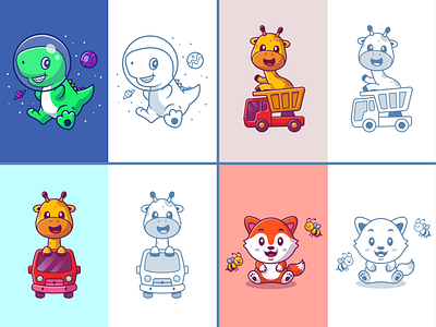 Coloring Book Cute Animals📔🦕🦒 animals astronaut bee book branding colorful coloring crayon cute dinosaur doodle flat girraffe icon illustration kids logo truck vector wolf