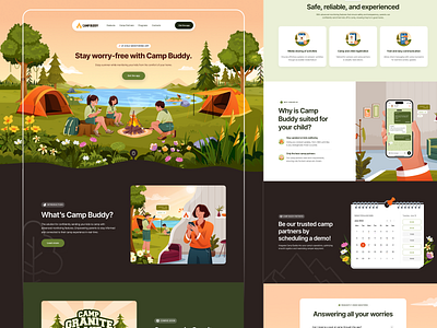 Camp Buddy - Child Monitoring Mobile App Landing Page 🌲 app camp children design illustration kids landing page mobile nature orely parents summer web design website