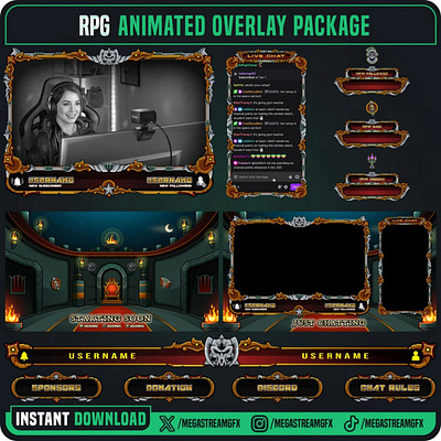 RPG Gaming Theme Overlay Package | RPG Game Twitch Overlay dark screen