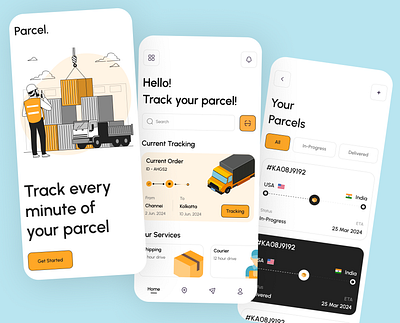 Parcel- Shipments Mobile App app design box cargo app courier delivery app location marketing mobile application package shipments shipping shipping app shipping management track tracking app truck booking ui tracking uiux user interface web app