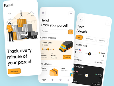 Parcel- Shipments Mobile App app design box cargo app courier delivery app location marketing mobile application package shipments shipping shipping app shipping management track tracking app truck booking ui tracking uiux user interface web app