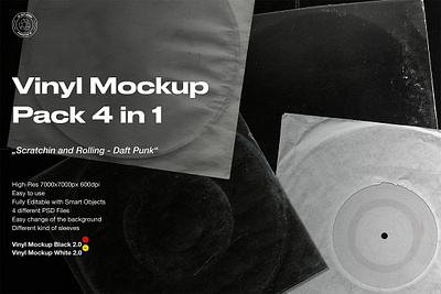 Vinyl Mockup Pack 4 in 1 album authentic black case cover disc grunge label lp mockup music plastic record retro sleeve sound texture vintage vynil wrap