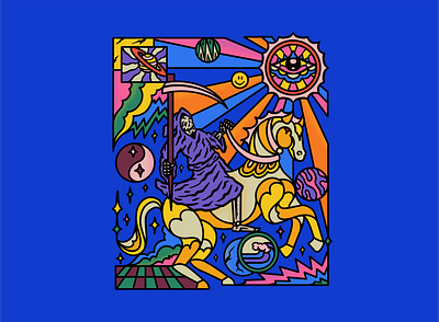 PRIMORDIAL OVERTURE album branding colorful death design eye graphic design horse illustration merch mushroom planet psychedelic skull sun ui universe