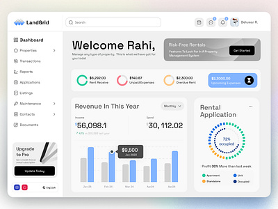 LandGrid - Comprehensive Property Management Dashboard antdesk dashboard design data visualization expense tracking idealrahi line bar chart modern design navigation menu property listings property management real estate rent collection rental applications revenue overview saas dashboard tax filing tenant management ui design user interface ux design