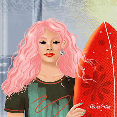 Surfer girl art licensing character design design drawing challenge editorial female female illustrator hand drawn illustration portrait procreate surfing waves