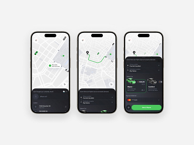 Several screens of a taxi app interface with real-time tracking android appdesign appdevelopment bolt booking branding design ios logo materialdesign mobileui ride taxi taxiapp tracking travel uber ui uiux uklon