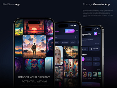 PixelGenie | AI Image Generator App | Onboarding, Home, Generate ai app appdesign creation design generator illustration image mobile mobile app ui ux