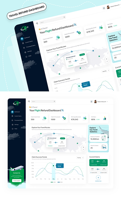 Travel refund dashboard beautiful claims creative dashboard design flight icons landing pages layout logo plane refund sucess tickets travel ui user experinc ux web website