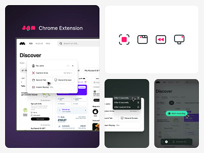 Jam 🍓・New icons set & UI/UX Concept bug bug report chrome concept extension figma icon icons set jam product design record rewind ui ux