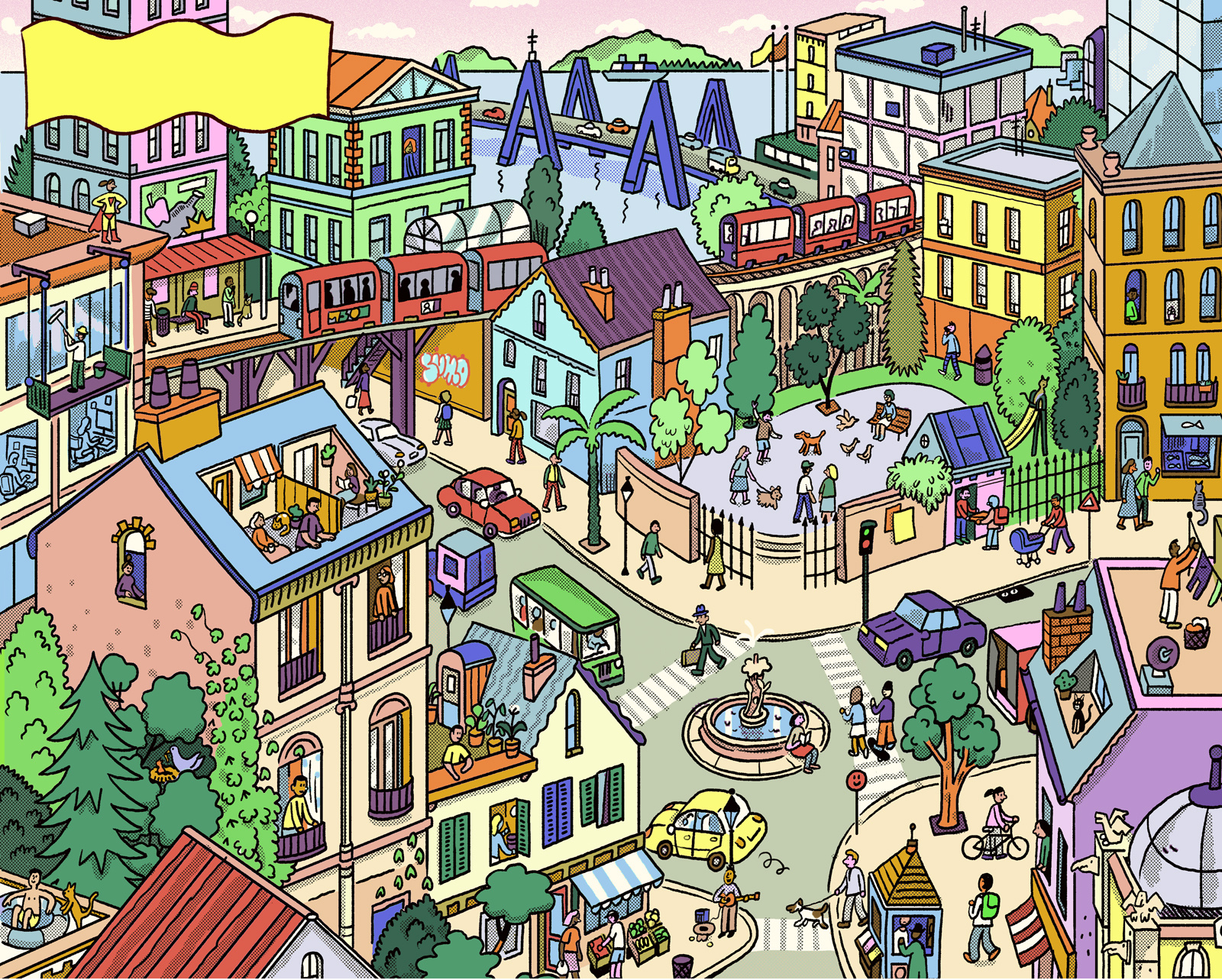 City Adventure andres lozano buildings character city digital drawn folioart illustration line search find urban wheres wally