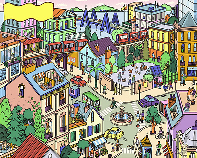 City Adventure andres lozano buildings character city digital drawn folioart illustration line search find urban wheres wally
