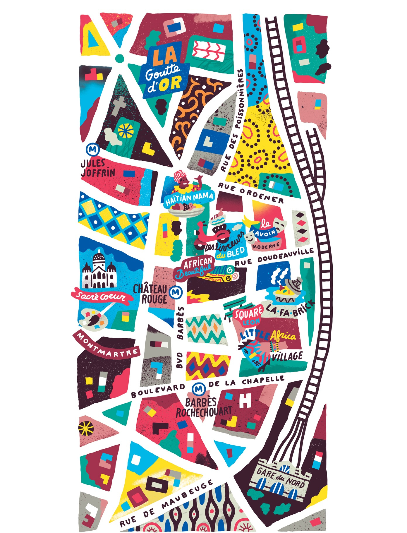 Goutte d'Or 2d african antoine corbineau city colourful culture digital editorial flat folioart illustration map patchwork pattern texture