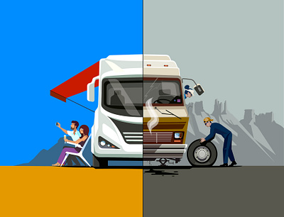 RV Maintenance 2d conceptual digital editorial flat folioart illustration peter greenwood transport vector