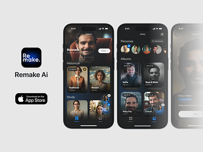 AI Photo Generator App: Remake ai ai app ai app design ai photo ai photo generator app app store artificial intelligence dark mode home screen ios iphone app mobile app mobile app design photo generator product design ui uiux design ux ux design