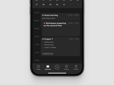 Schedule App app calendar dark mobile planning schedule tabbar timeline ui