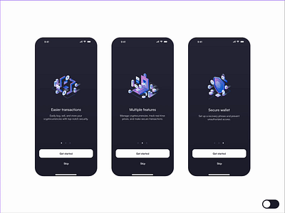 Dark and Light Mode Onboarding Interaction 3d ai app blockchain blue branding crypto cryptocurrency dark mode funds gray icons illustrations jitter light mode onboarding wallet web3 white