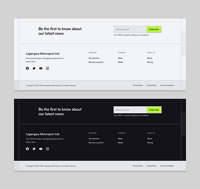 Footer for a racing team landing page car components digitaldesign footer landing page minimalistic modern racing ui uiux userexperience userinterface webdesign