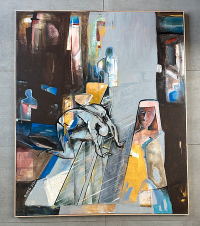 Chlápek na skle pasáže ...., akryl , 120 x 100 cm, 2024